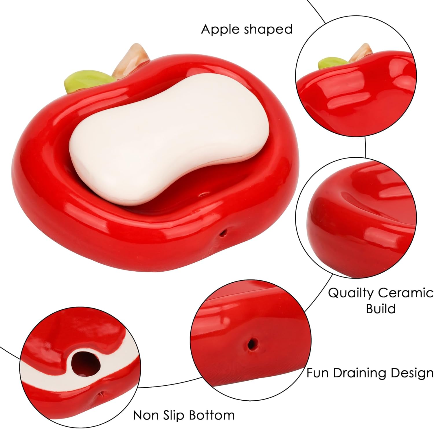 Red Apple Shaped Ceramic Soap Dish with Drainage Holes
