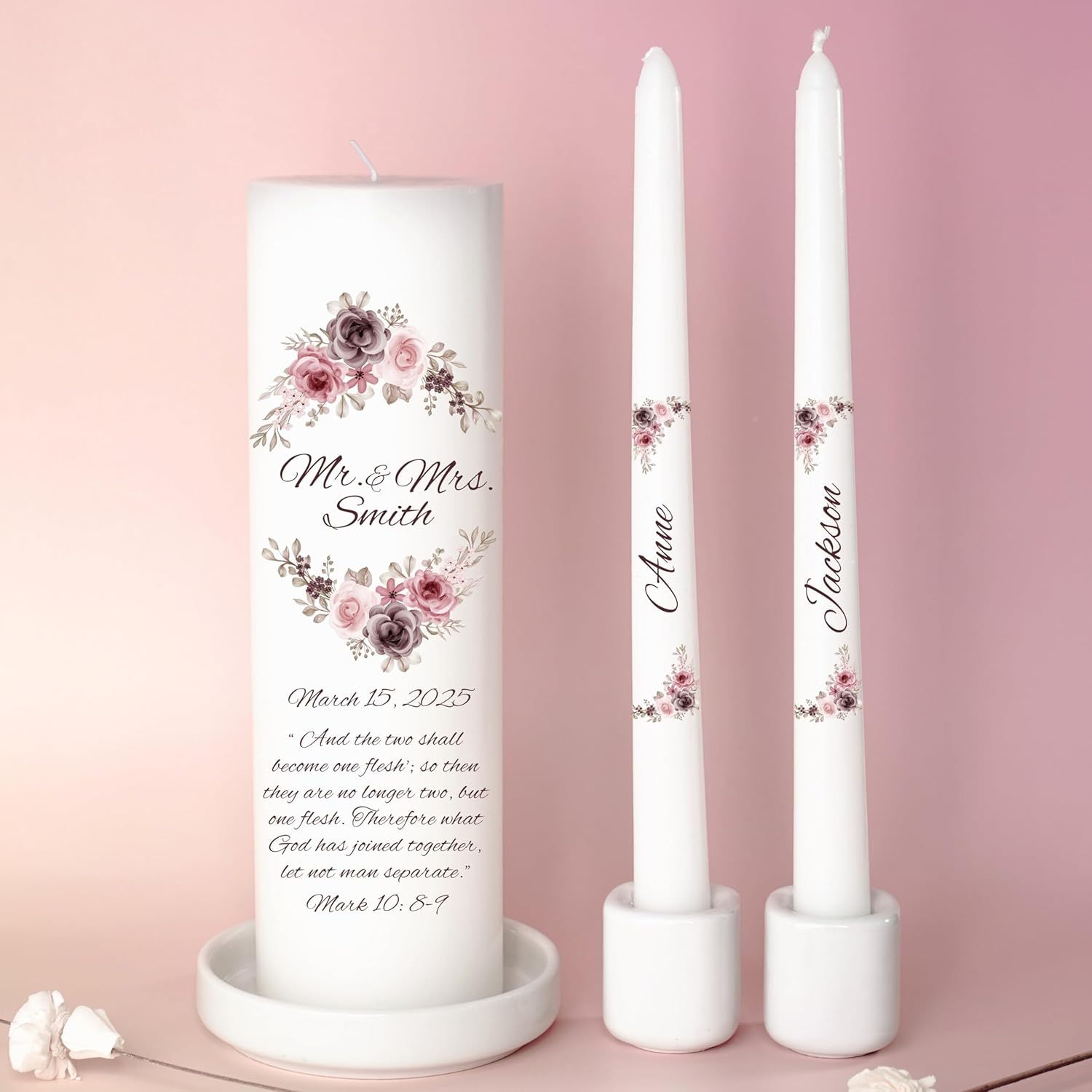 Unity Candles for Wedding Mr Mrs Set with Bible Quote