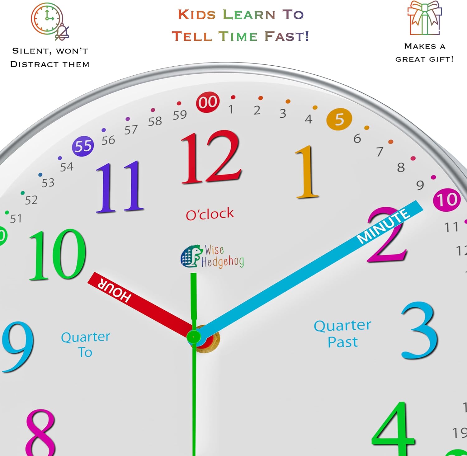 WISE HEDGEHOG Learning Clock for Kids Silent Non-Ticking
