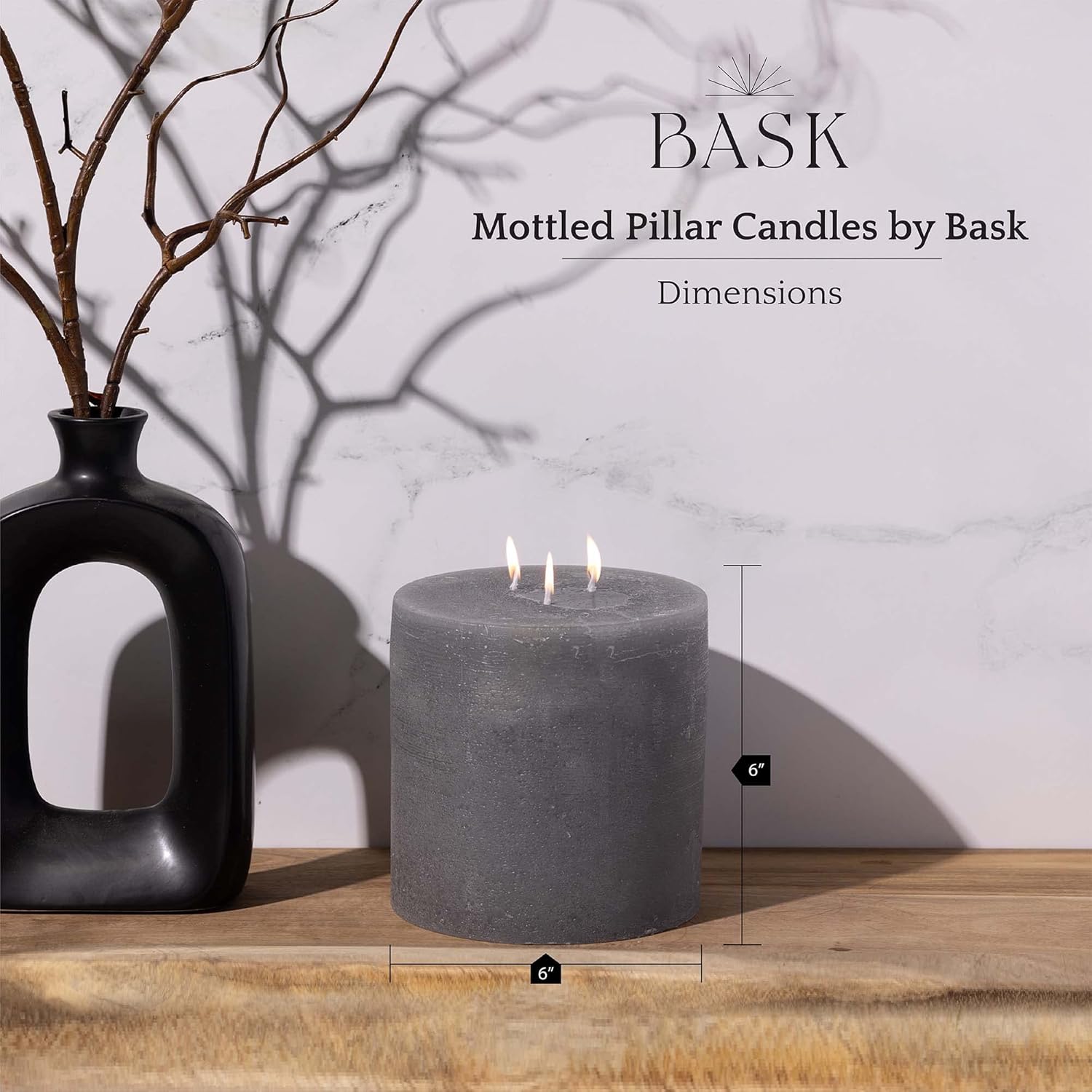 Bask Large Gray Pillar Candles - 3 Wick 6-Inch Diameter