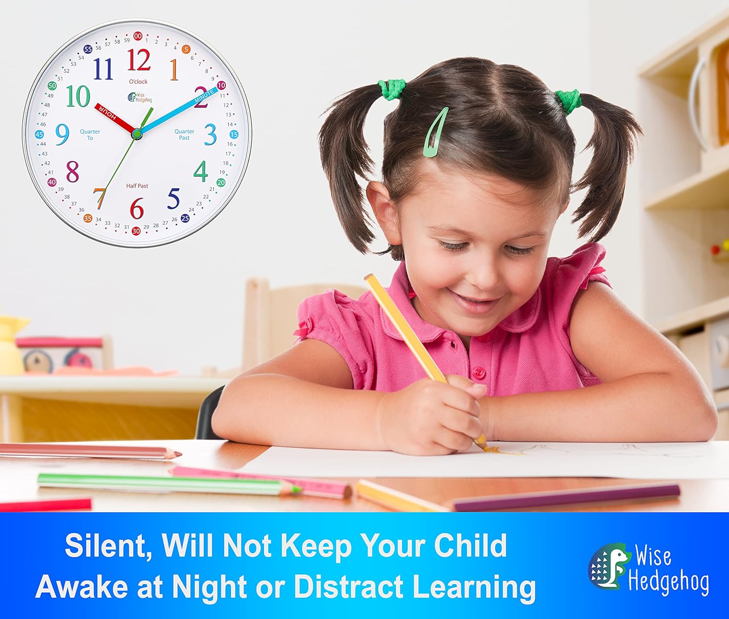 WISE HEDGEHOG Learning Clock for Kids Silent Non-Ticking