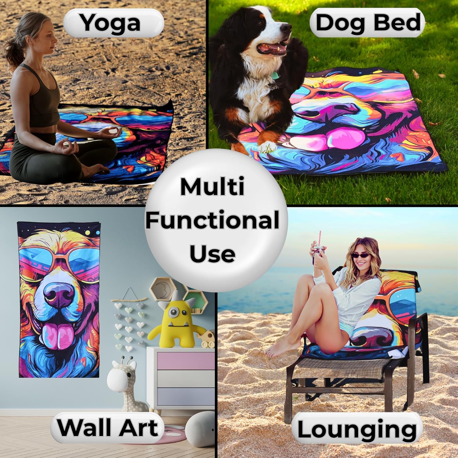 Microfiber Happy Dog in Sunglasses Beach Towel for All