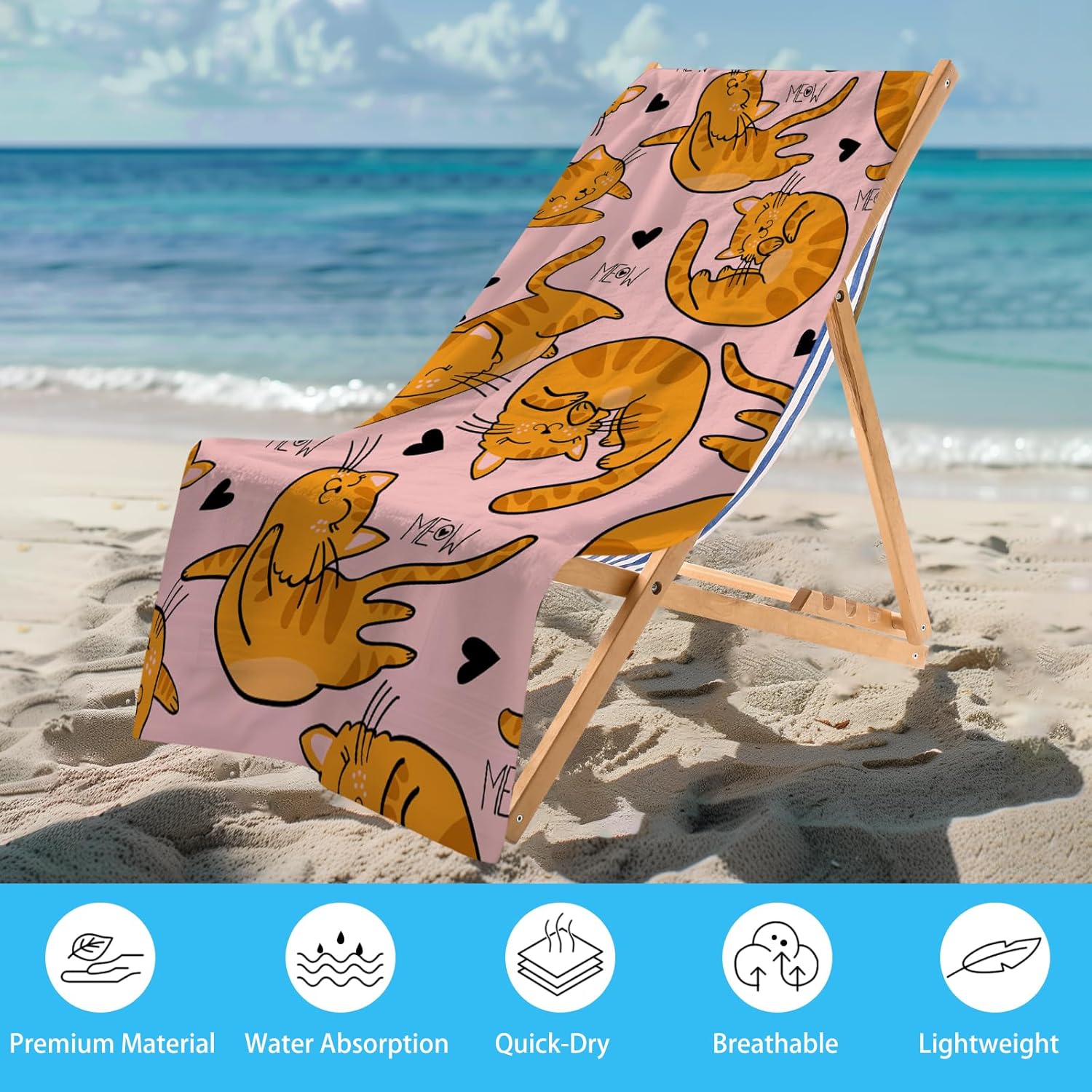 WZOMT Microfiber Beach Towel with Cute Orange Cat Design 1