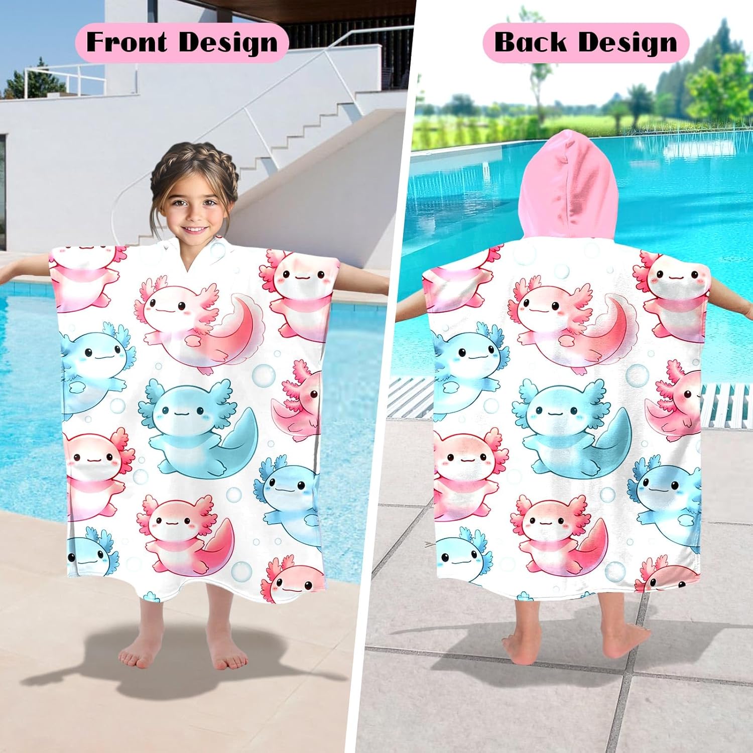 Kids Hooded Beach Towel with Axolotl Design for 8-14 Years