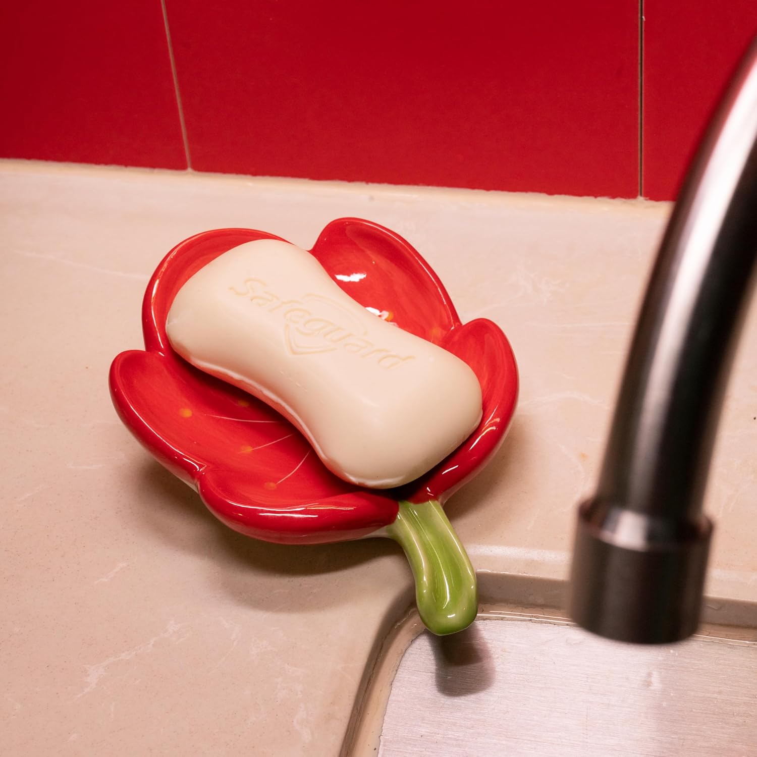 Ceramic Soap Dish Holder with Floral Design Red 1