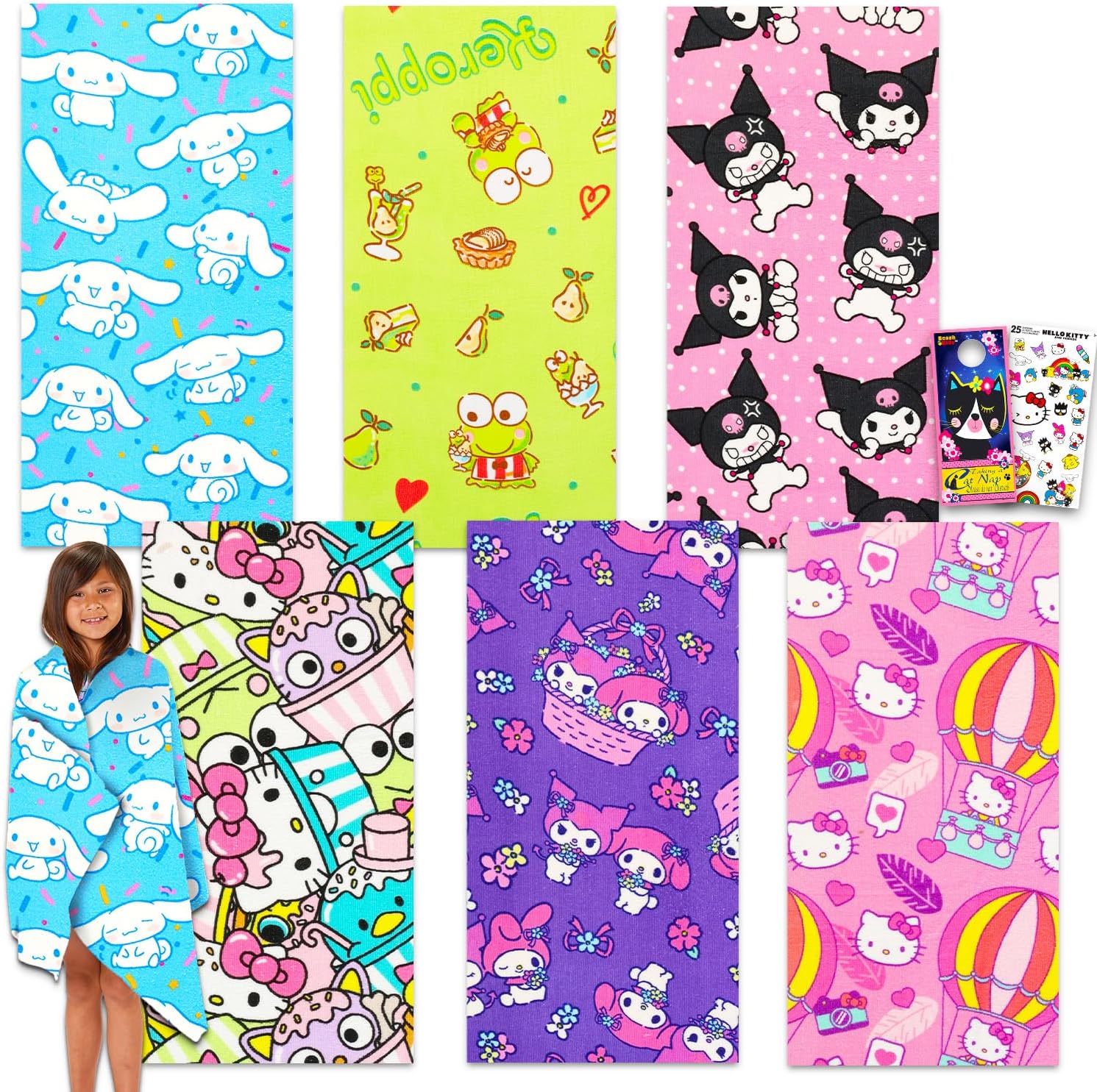 Sanrio Hello Kitty Beach Towel Set with 6 Microfiber Towels
