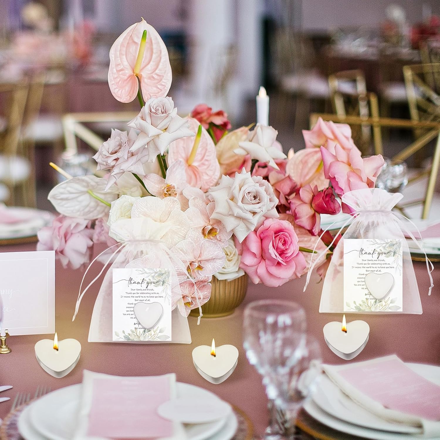 100 Sets Heart Shaped Wedding Candle Favors with Cards and Organza Bags