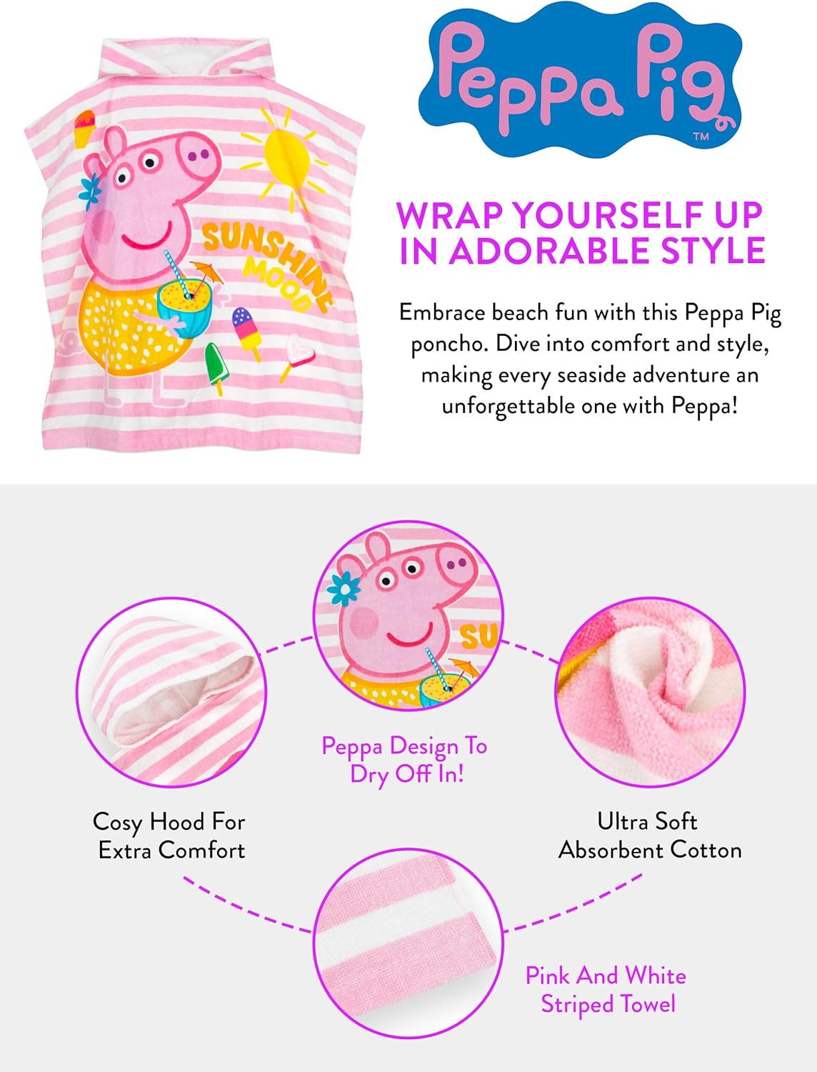 Peppa Pig Pink Striped Hooded Towel Poncho for Girls