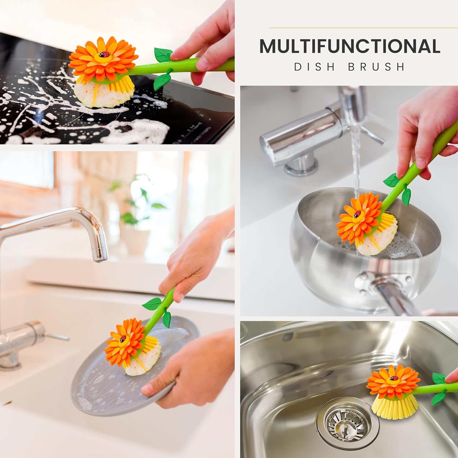 Vigar Flower Power Dish Brush with Vase 10 Inches Orange Green