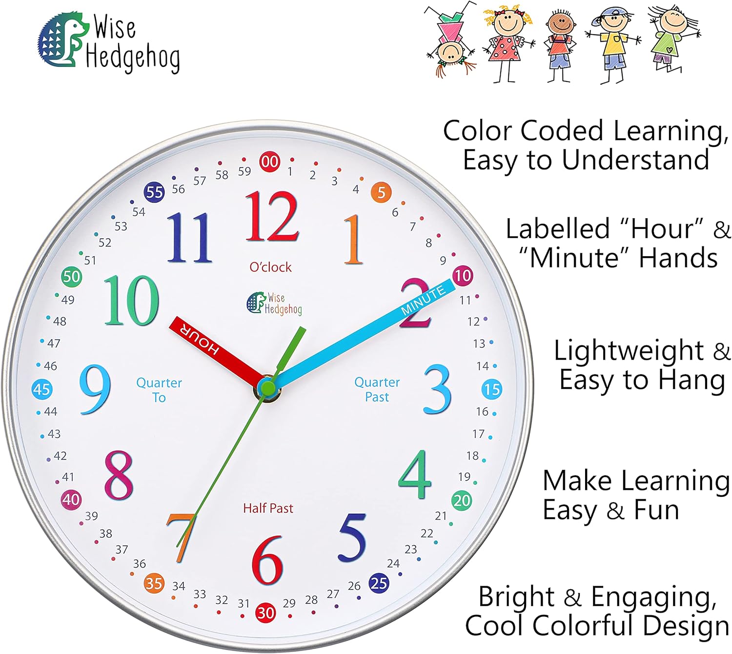 WISE HEDGEHOG Learning Clock for Kids Silent Non-Ticking