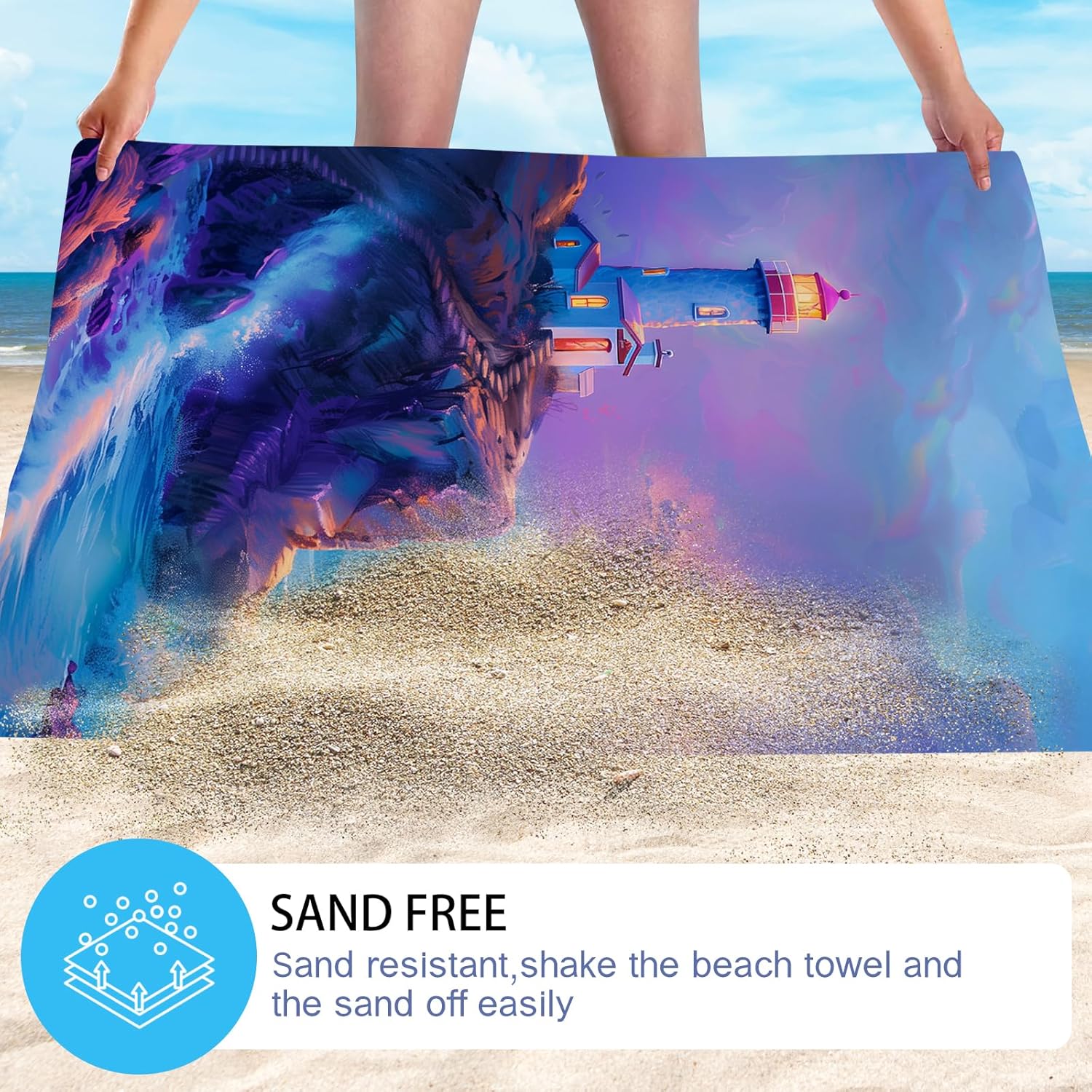 WZOMT Microfiber Beach Towel - Purple Lighthouse Design