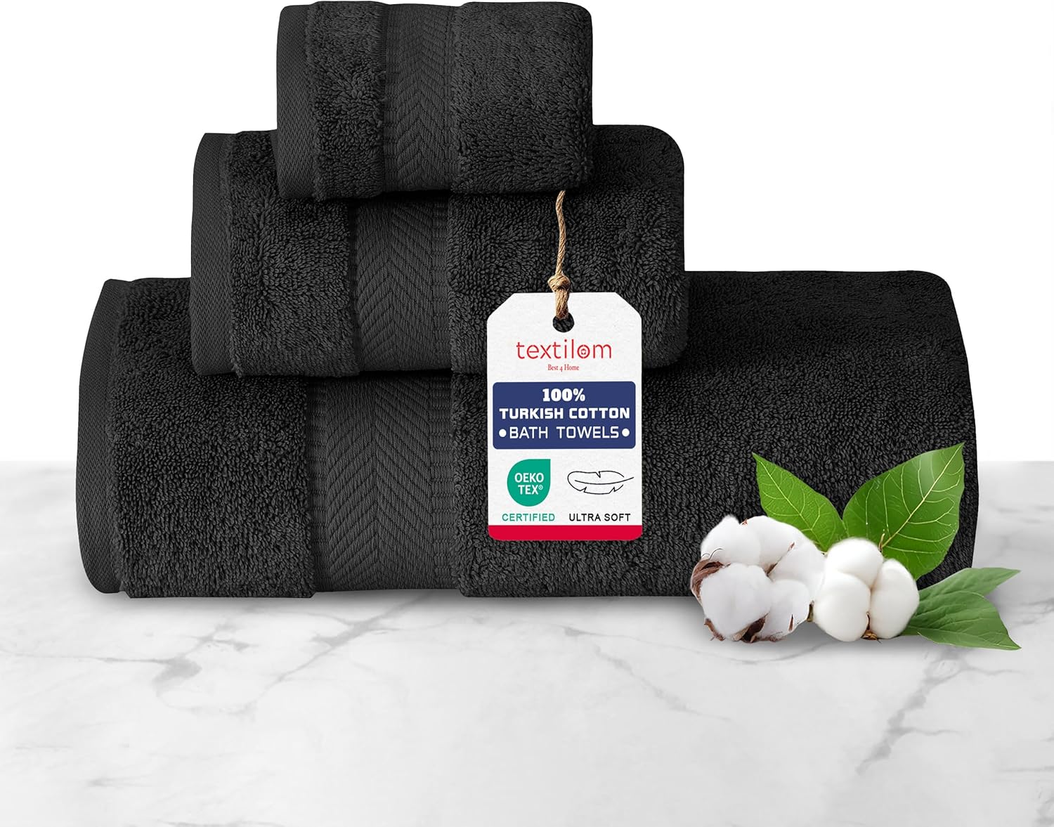TEXTILOM Turkish Cotton 3 Pc Bath Towel Set - Black
