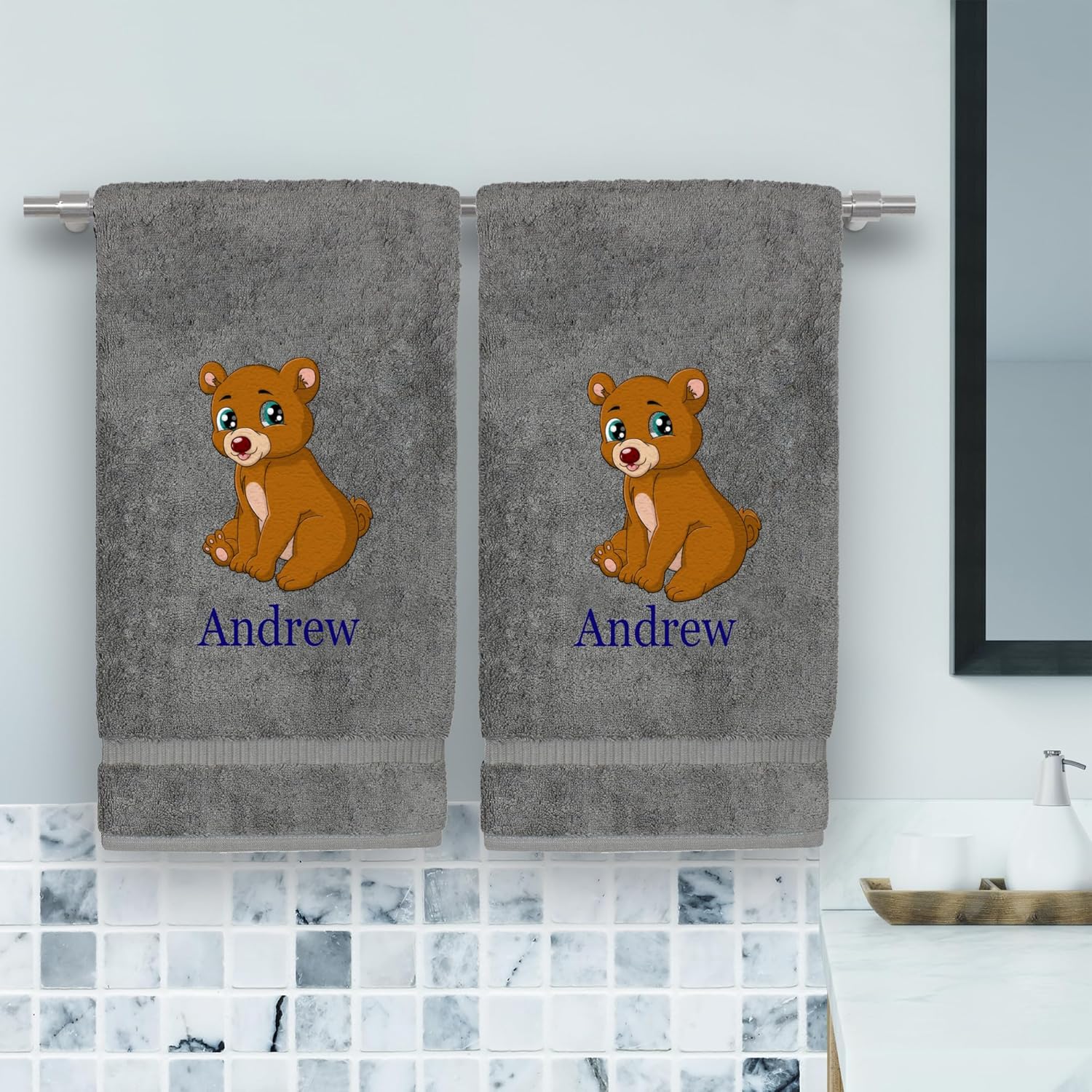 Personalized Kids Hand Towel Set with Animal Prints - 16x30 Inches 1