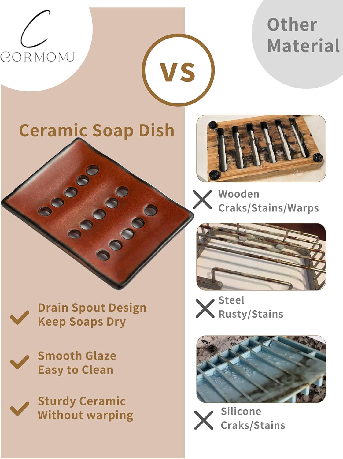 Red Ceramic Soap Holder with Drain Multi-functional