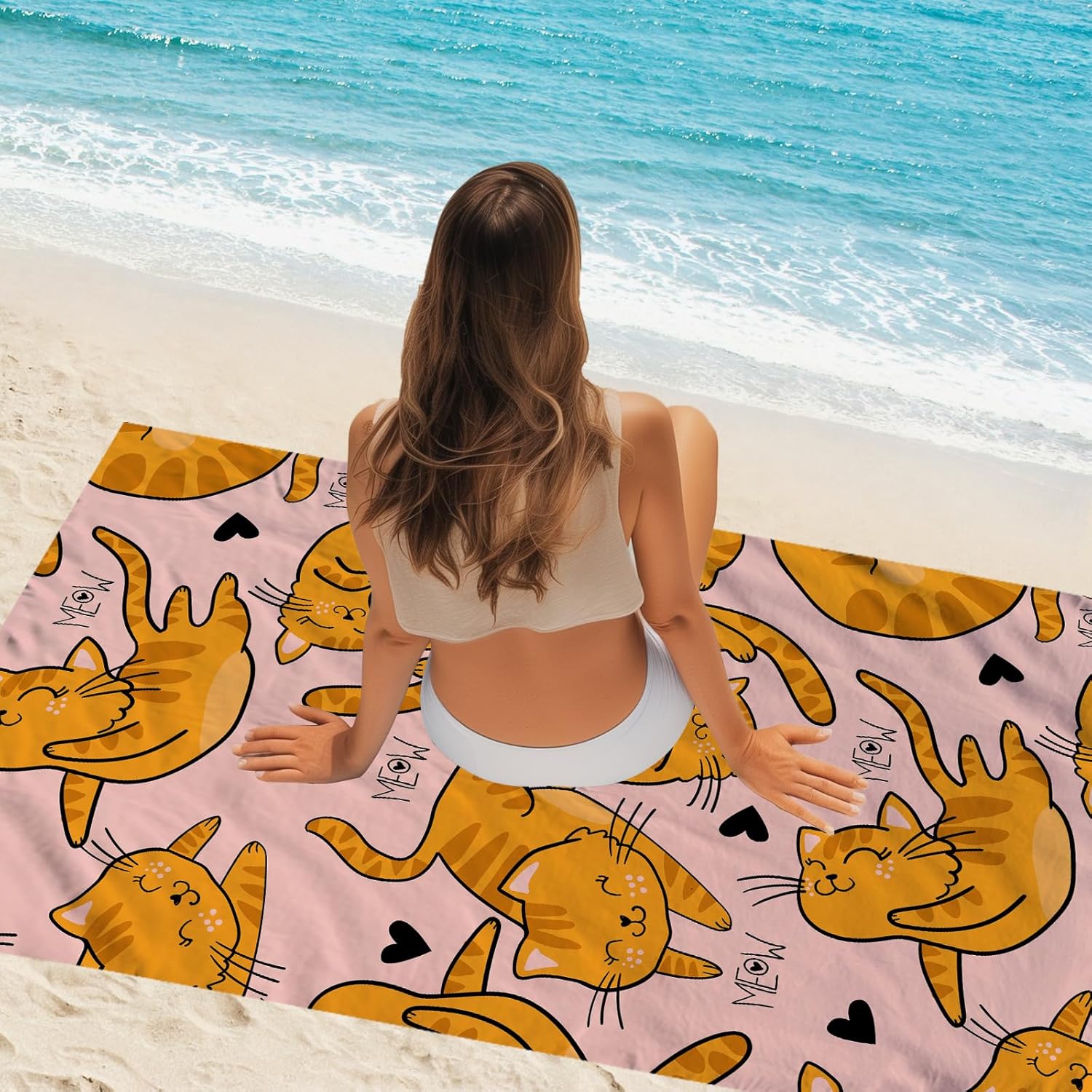 WZOMT Microfiber Beach Towel with Cute Orange Cat Design 1