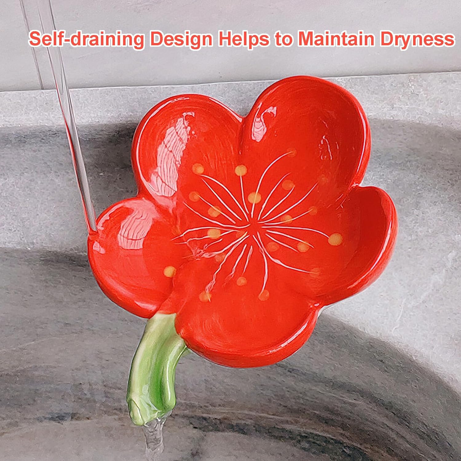 Self-Draining Ceramic Soap Dish with Peach Blossom Design