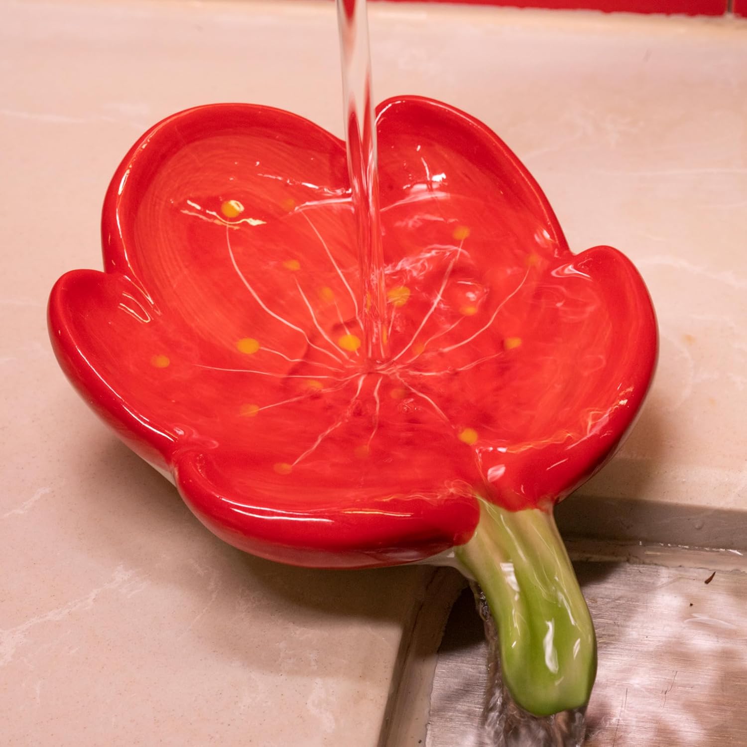 Ceramic Soap Dish Holder with Floral Design Red 1