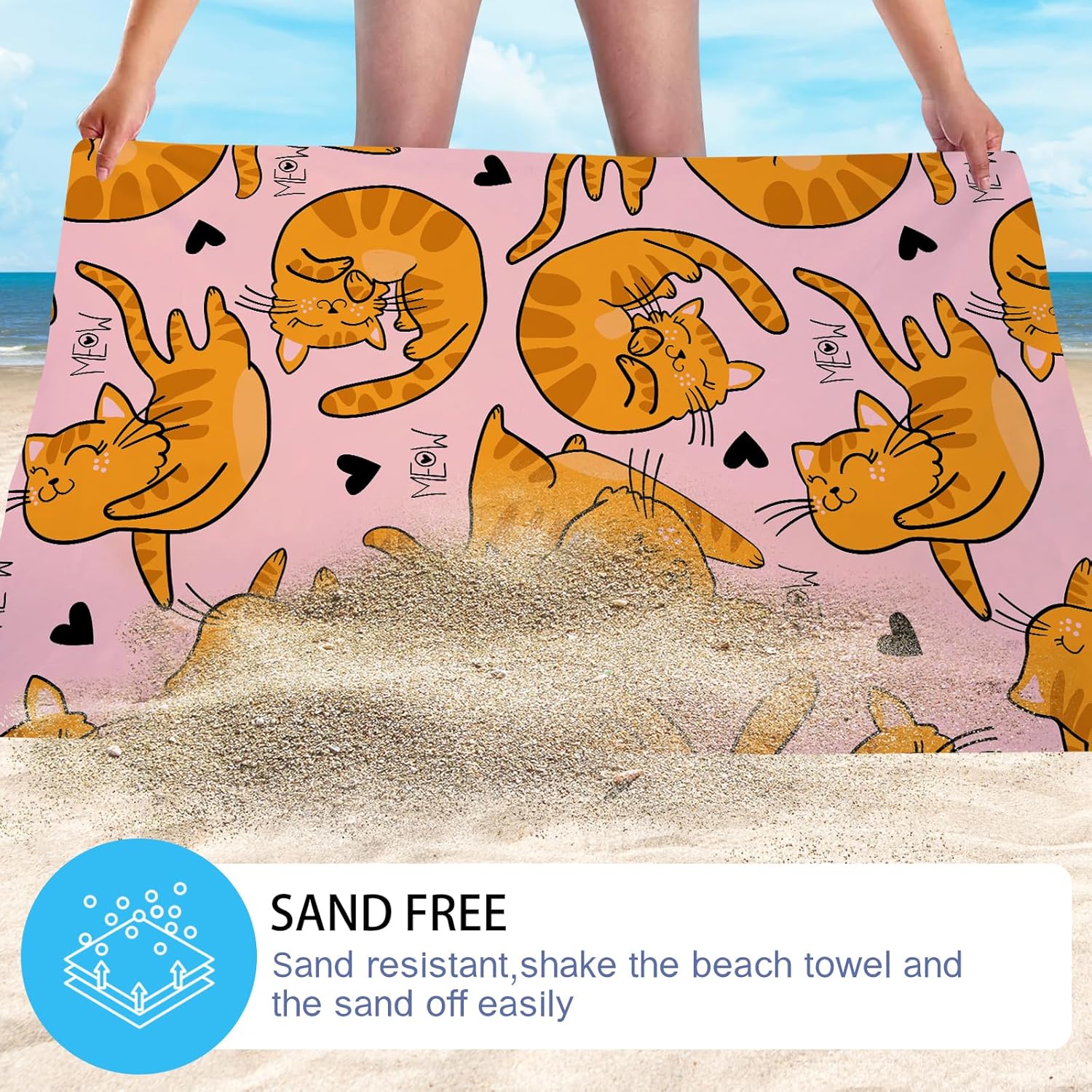 WZOMT Microfiber Beach Towel with Cute Orange Cat Design 1
