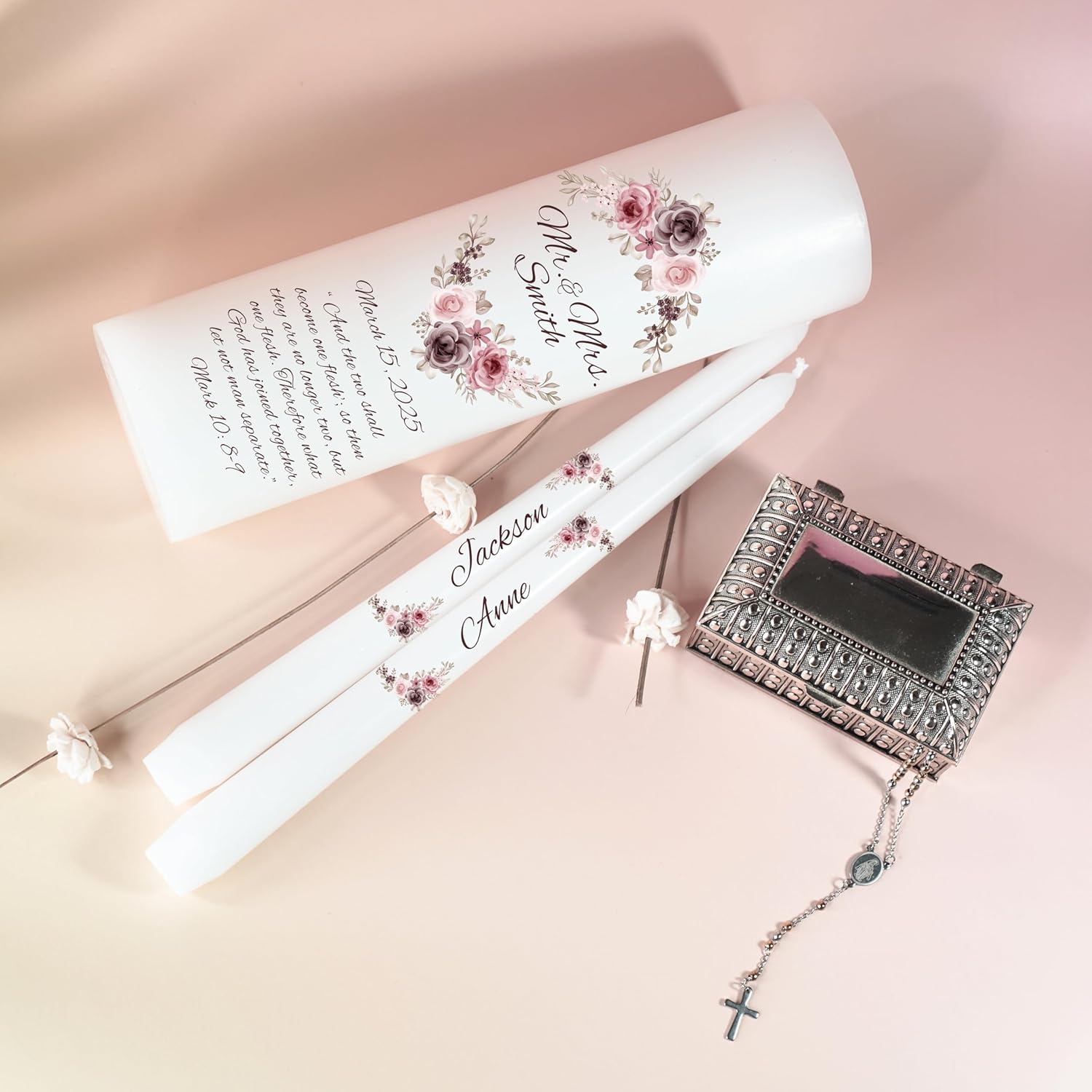 Unity Candles for Wedding Mr Mrs Set with Bible Quote