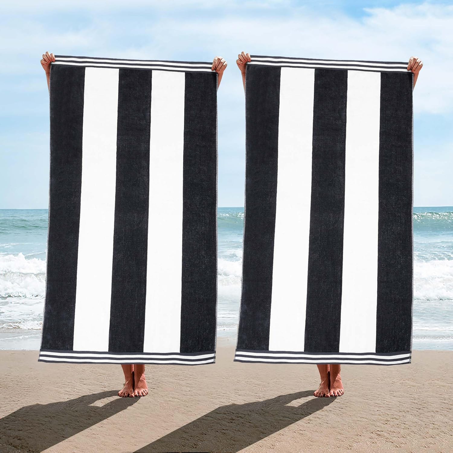 Superior Cotton Striped Beach Towels - Set of 2 Charcoal 1