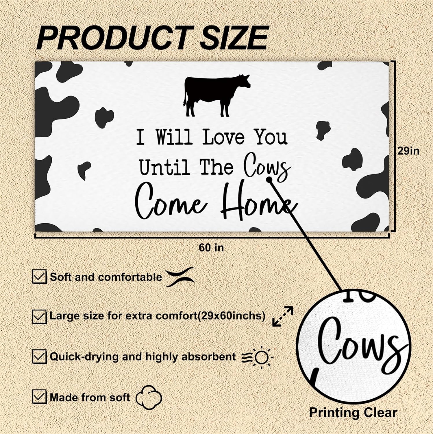 Ill Love You Till The Cows Come Home Beach Towel 29x60in