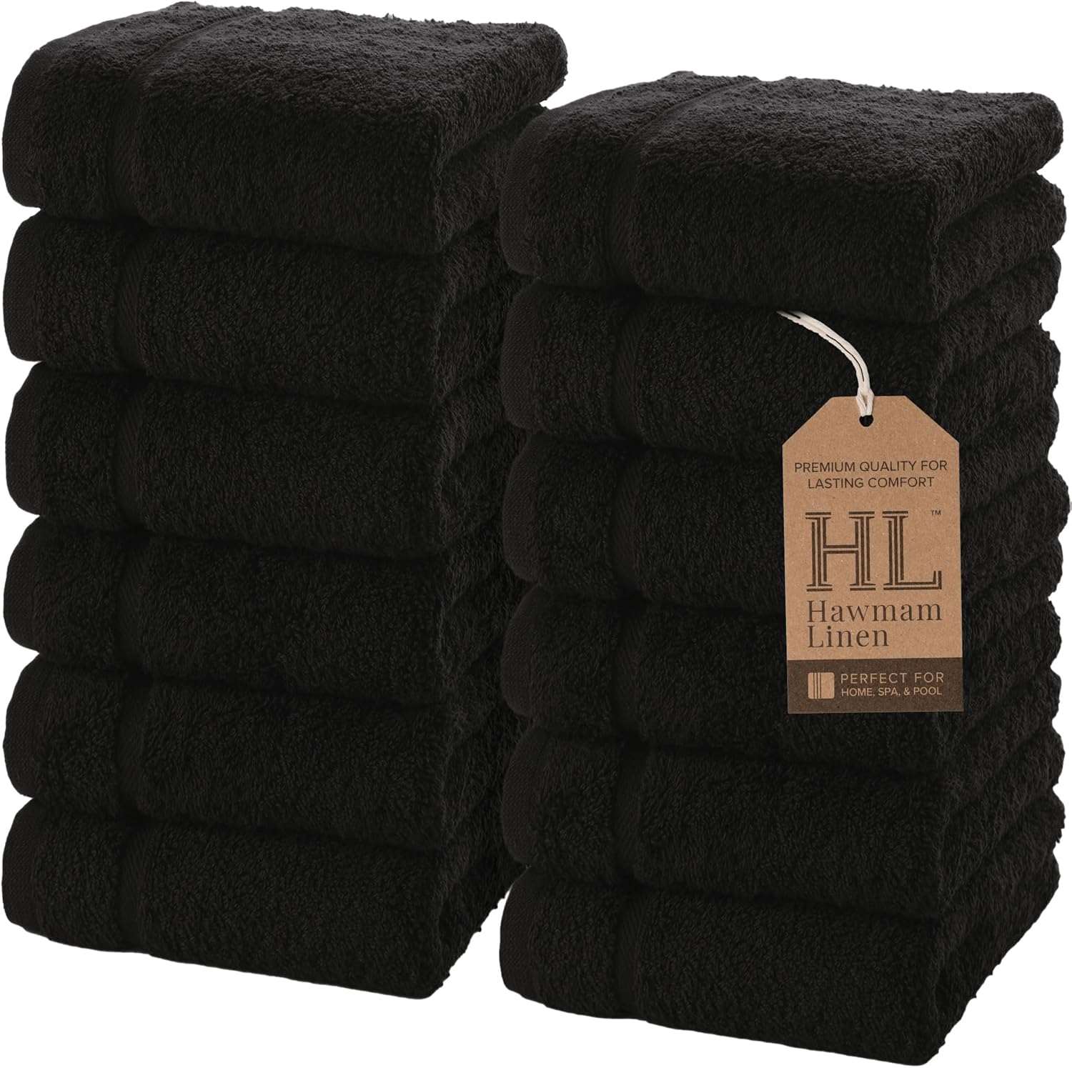 Hawmam Linen 13x13 Inch Black Face Towels - 12 Pack Luxury Washcloths