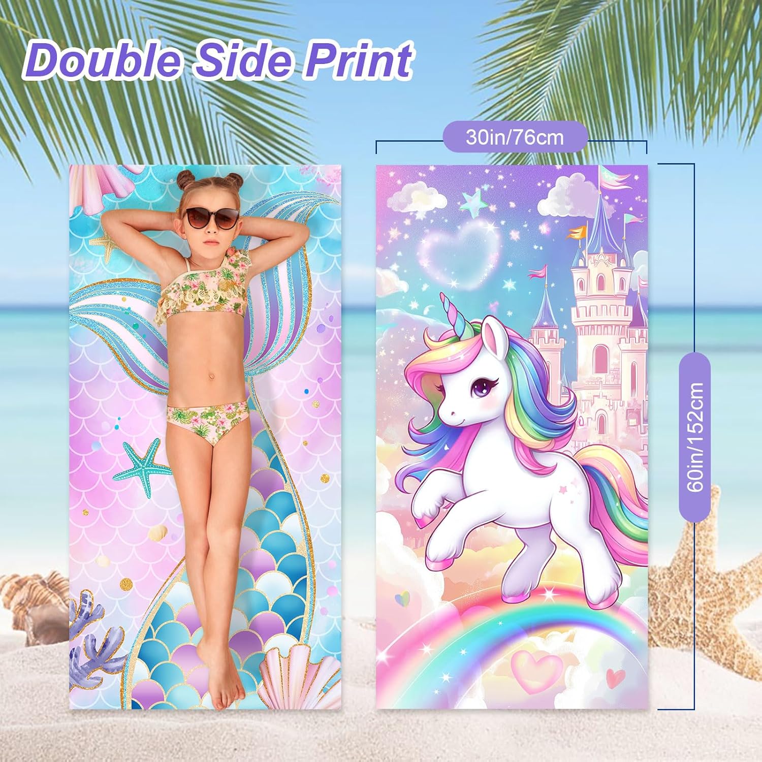 NIBESSER 2 Pack Kids Beach Towels Mermaid Unicorn 1
