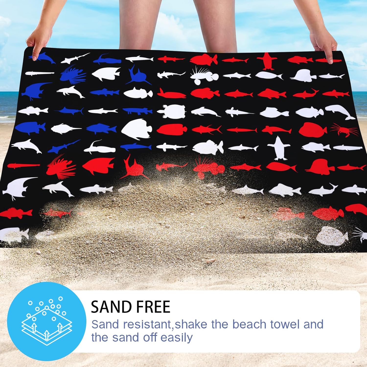 WZOMT American Flag Fishing Beach Towel - Quick Dry Microfiber with Sharks and Turtles