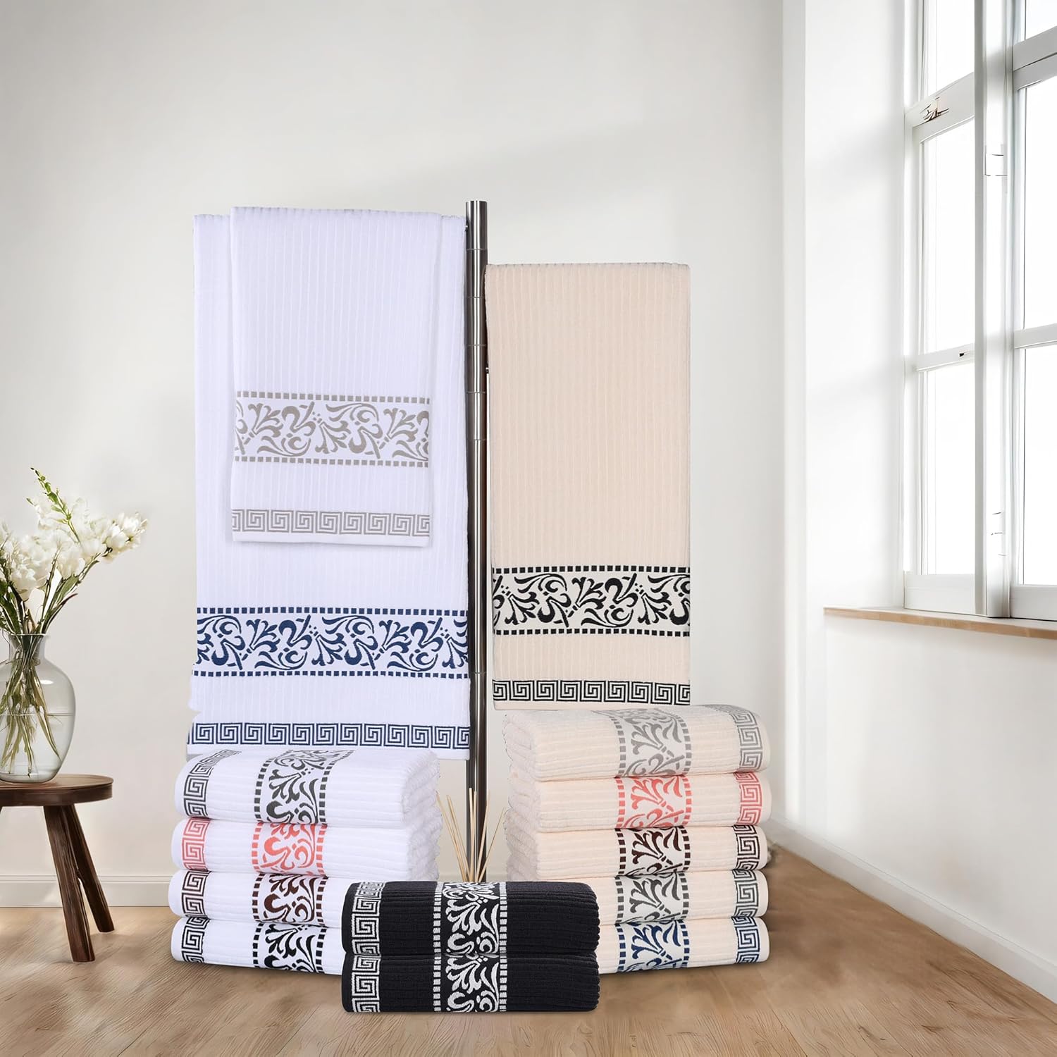 Superior 4-Piece Bath Towel Set with Greek Floral Design