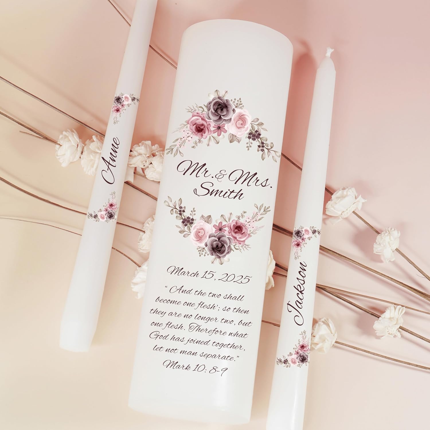 Unity Candles for Wedding Mr Mrs Set with Bible Quote