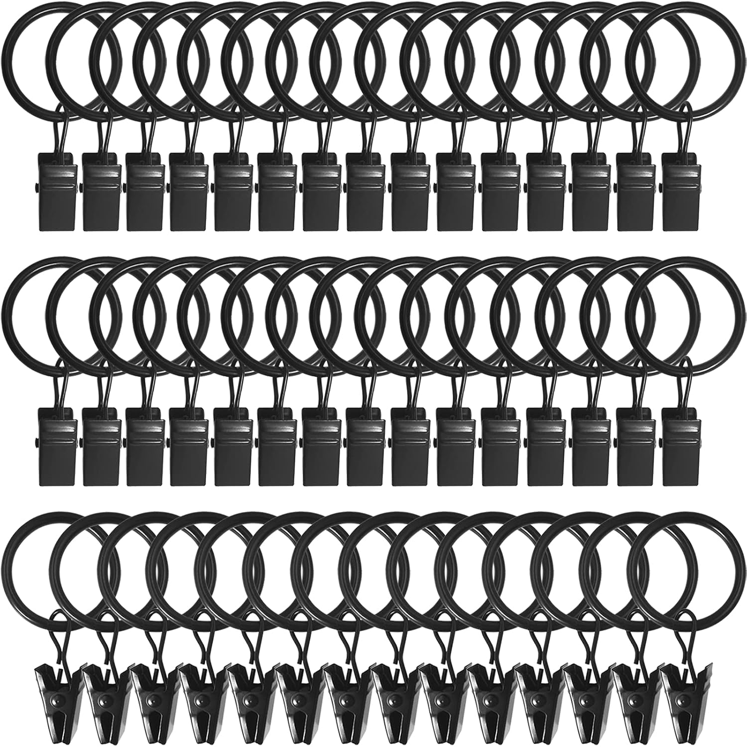 44 Pack Curtain Ring Hooks with Clips Black 1 Inch ID