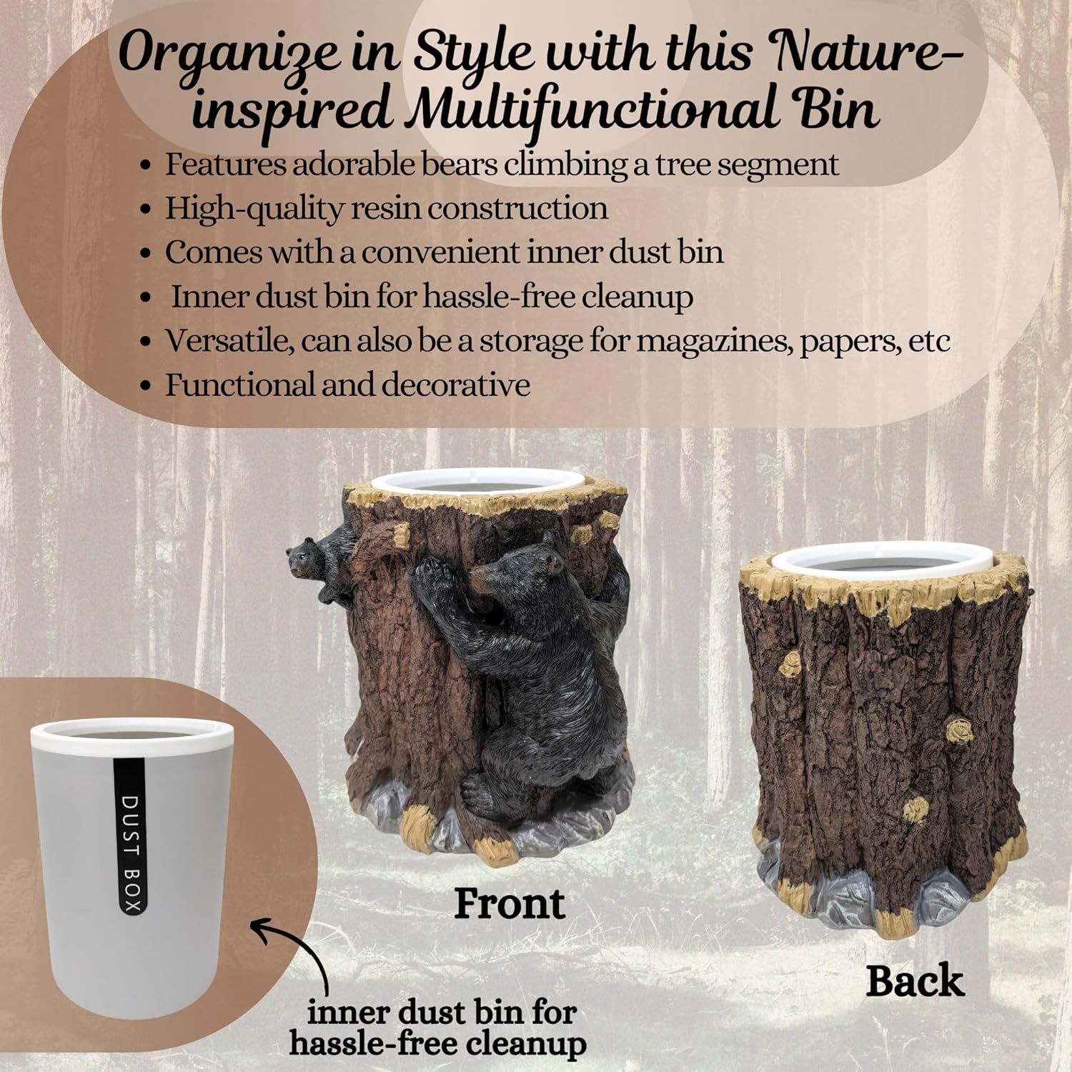 BestGiftEver Small Wastebasket with Bear Climbing Tree Design