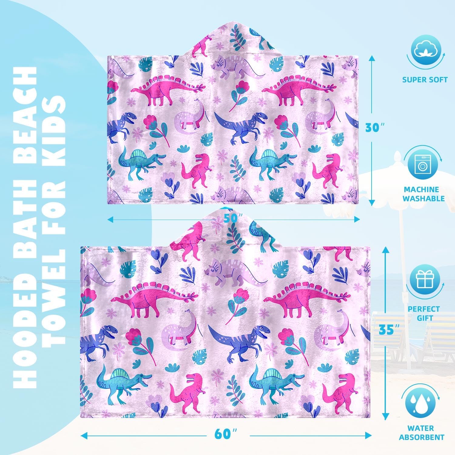 Ritiga Dinosaur Girls Beach Towel with Hoodie