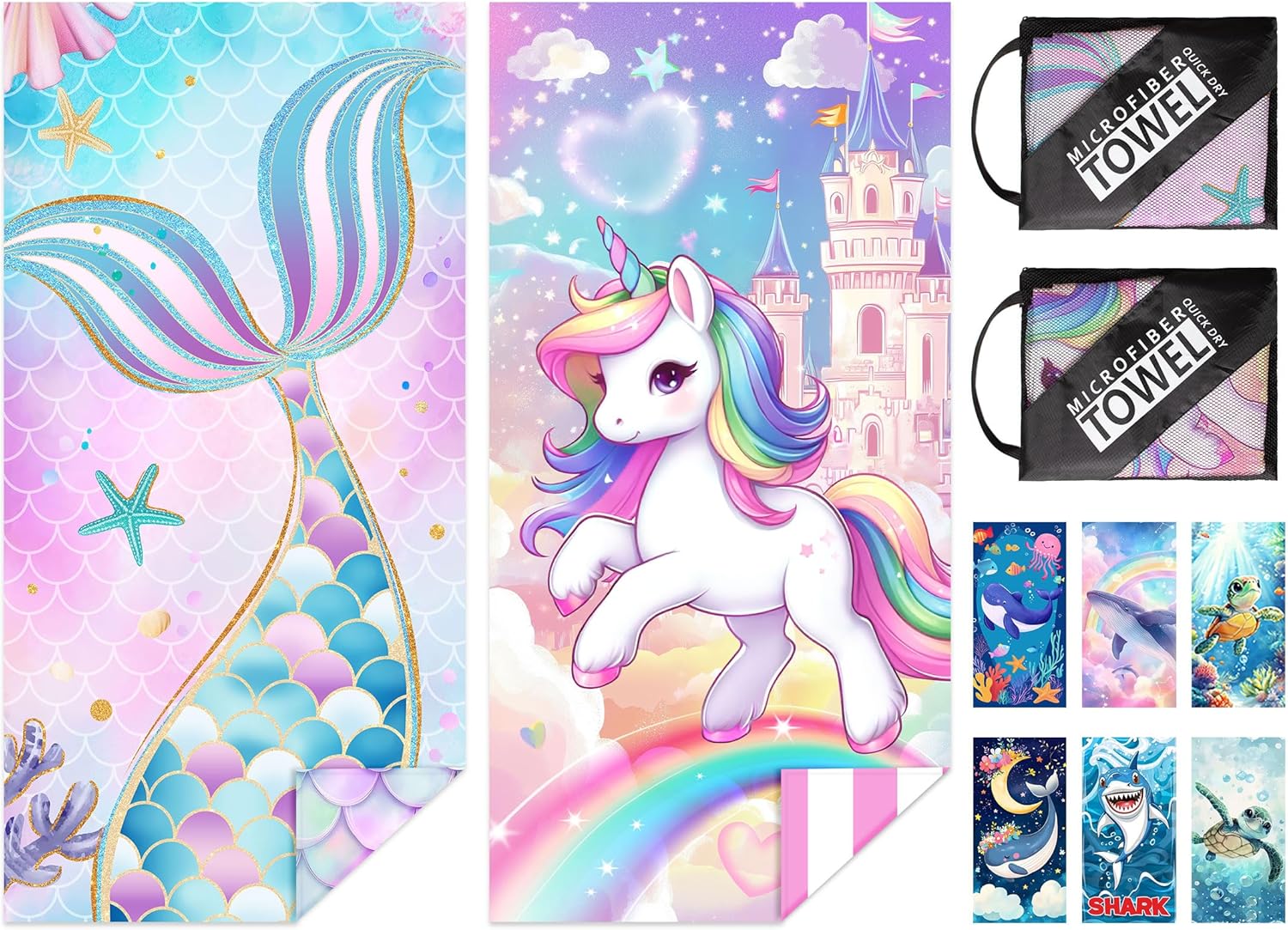 NIBESSER 2 Pack Kids Beach Towels Mermaid Unicorn 1