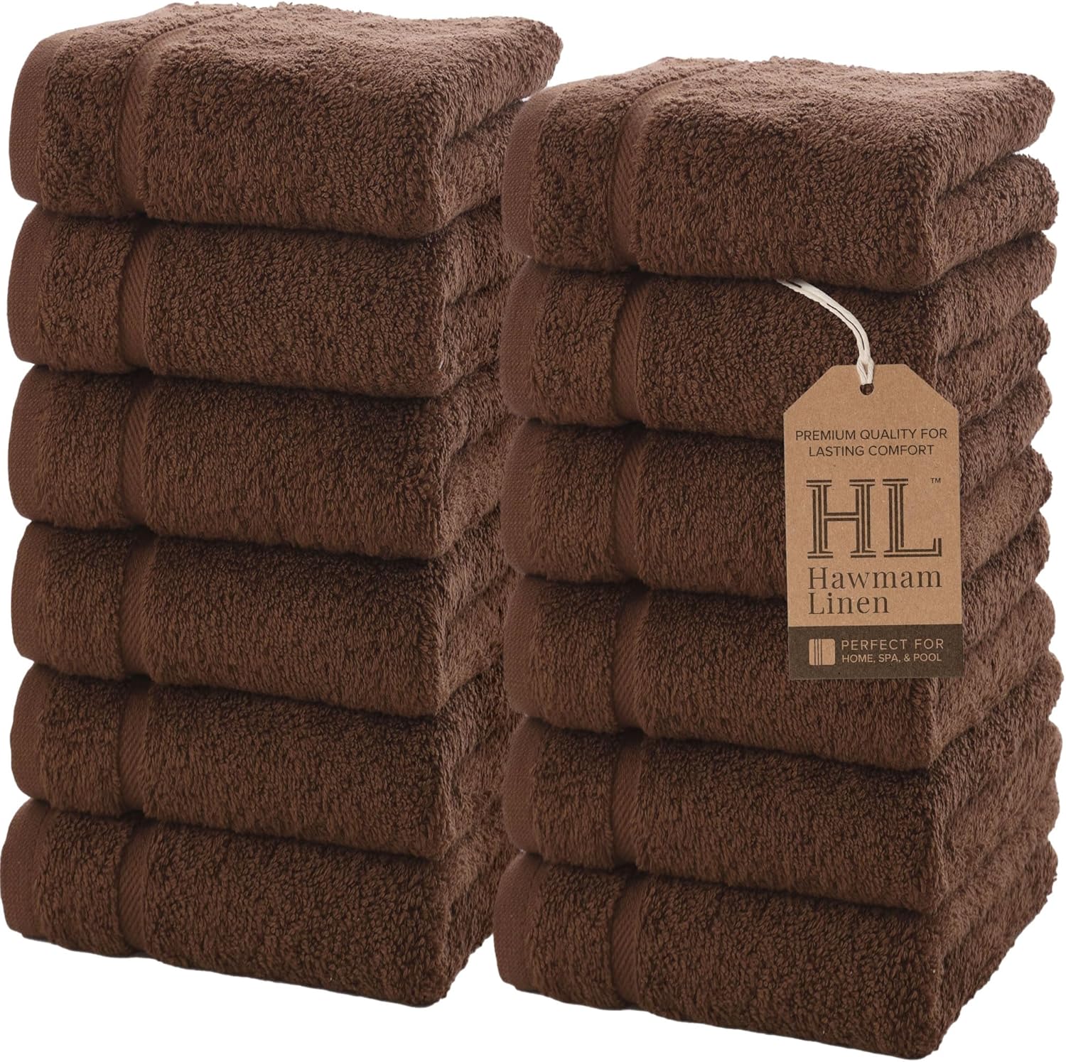 Hawmam Linen 13x13 Inch Face Towels - 12 Pack Brown Luxury Cotton