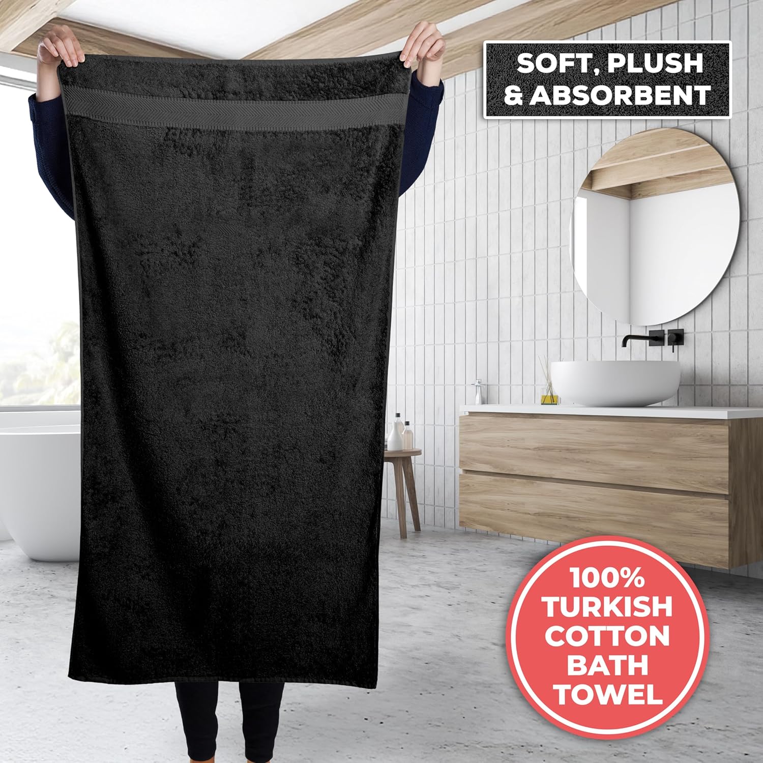 TEXTILOM Turkish Cotton 3 Pc Bath Towel Set - Black
