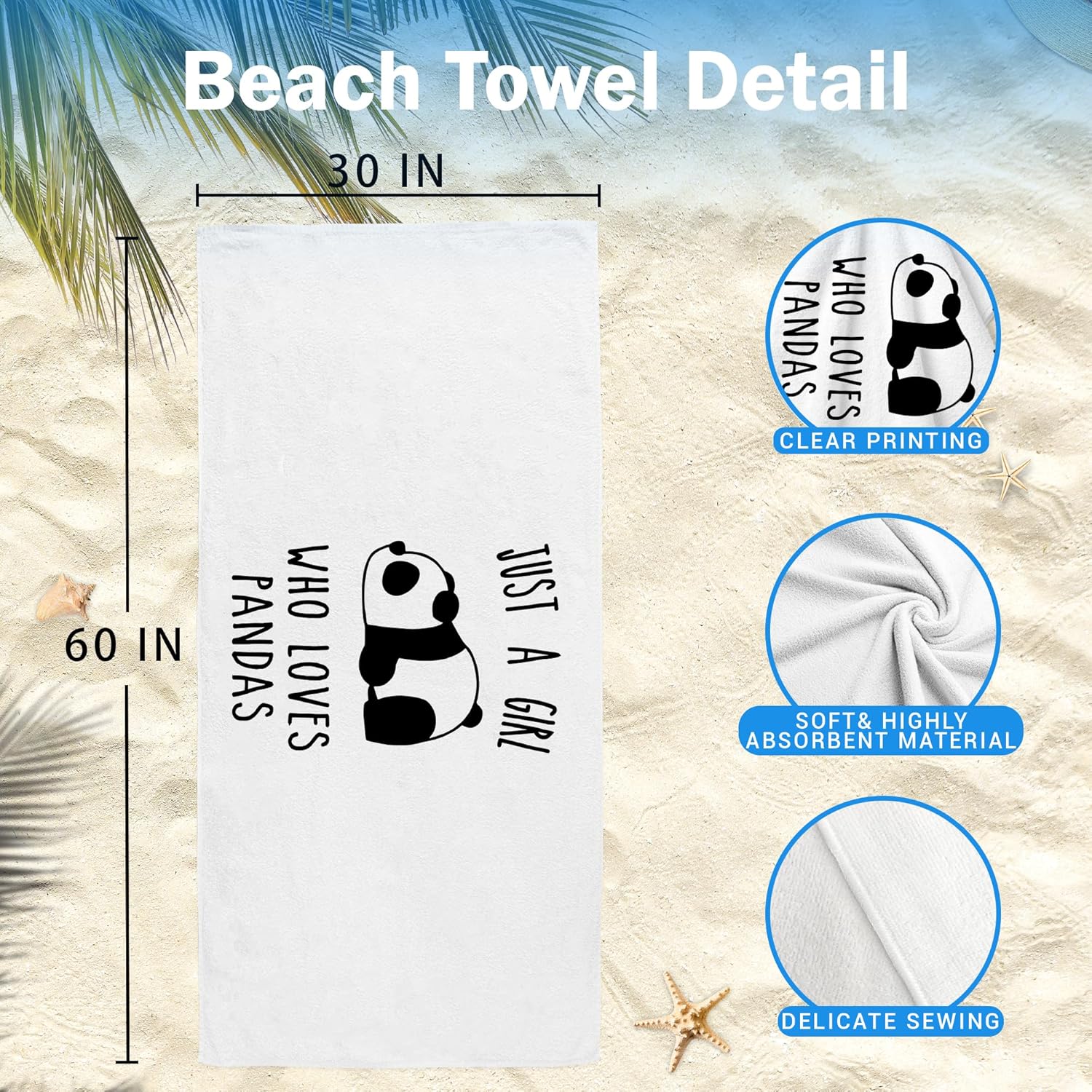 Waitpi Panda Beach Towel 30x60 Inches Microfiber Quick Dry