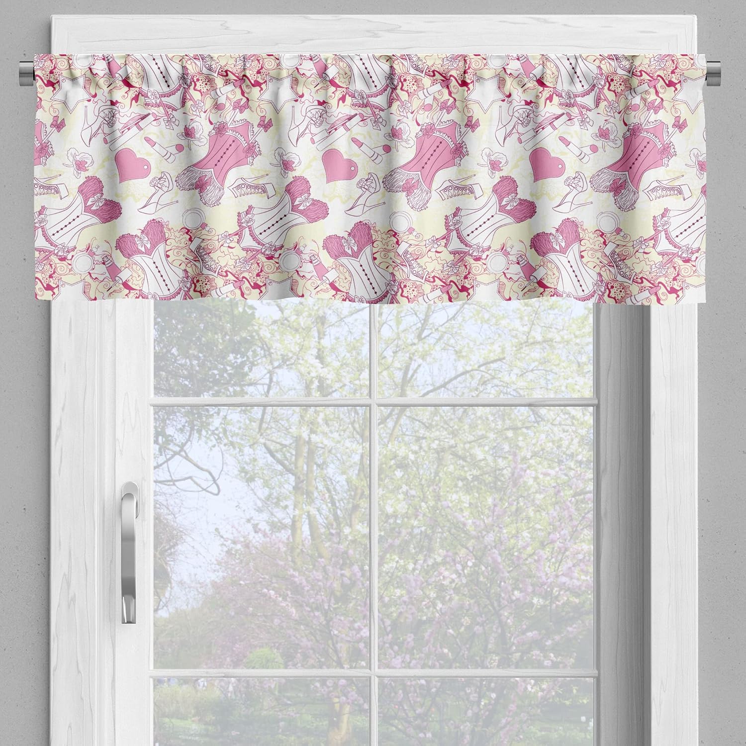 Ambesonne 3-Piece Tiers Curtain Set Floral Print Beige Pink