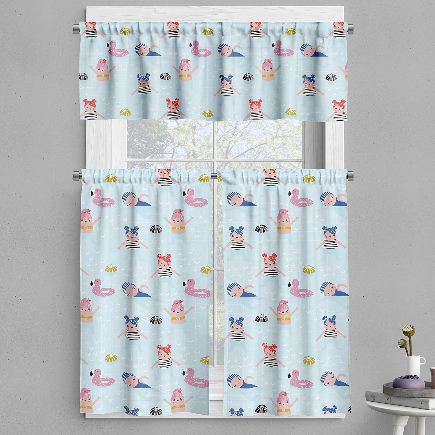 Ambesonne Summer Valance Tier Curtain 3 pcs Set