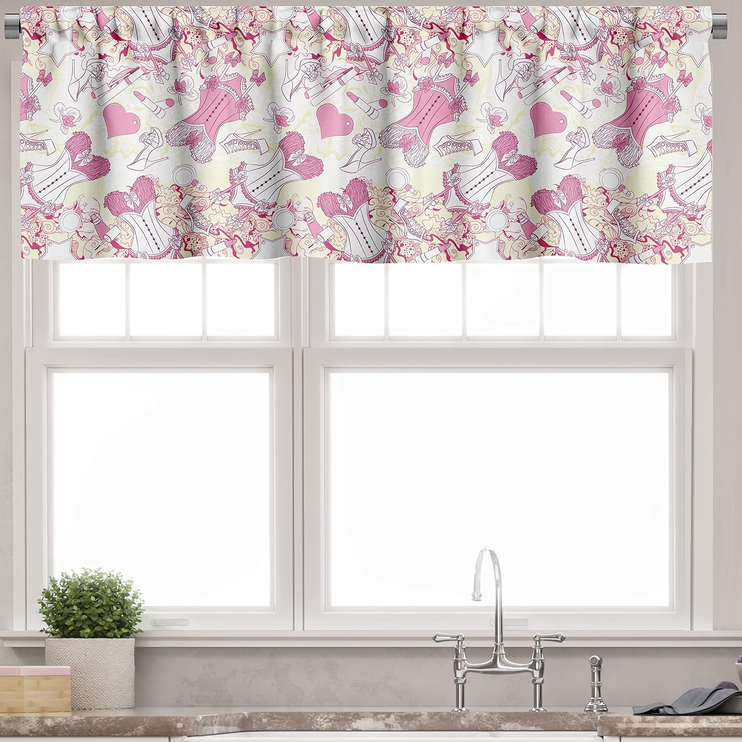 Ambesonne 3-Piece Tiers Curtain Set Floral Print Beige Pink