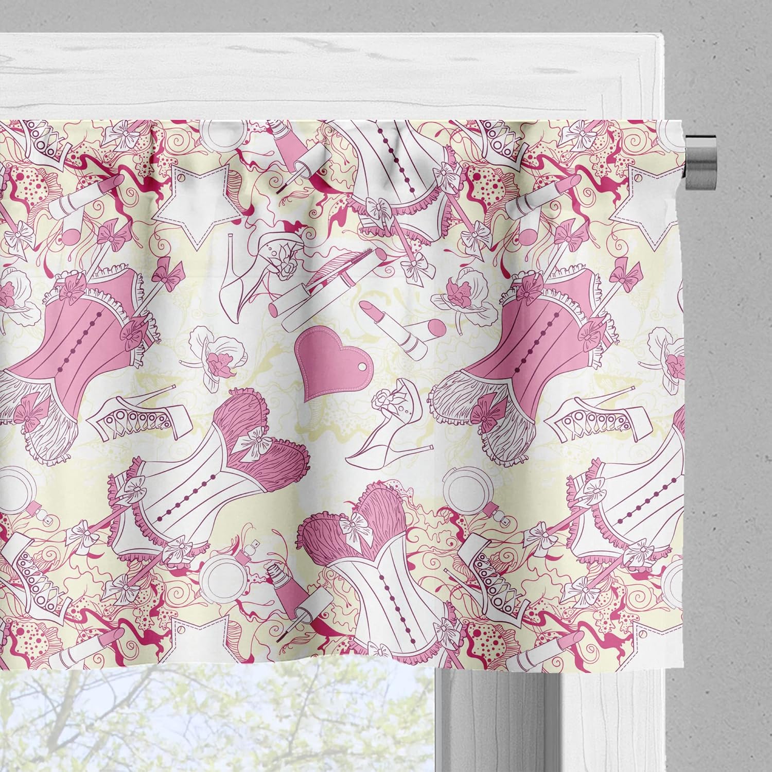 Ambesonne 3-Piece Tiers Curtain Set Floral Print Beige Pink