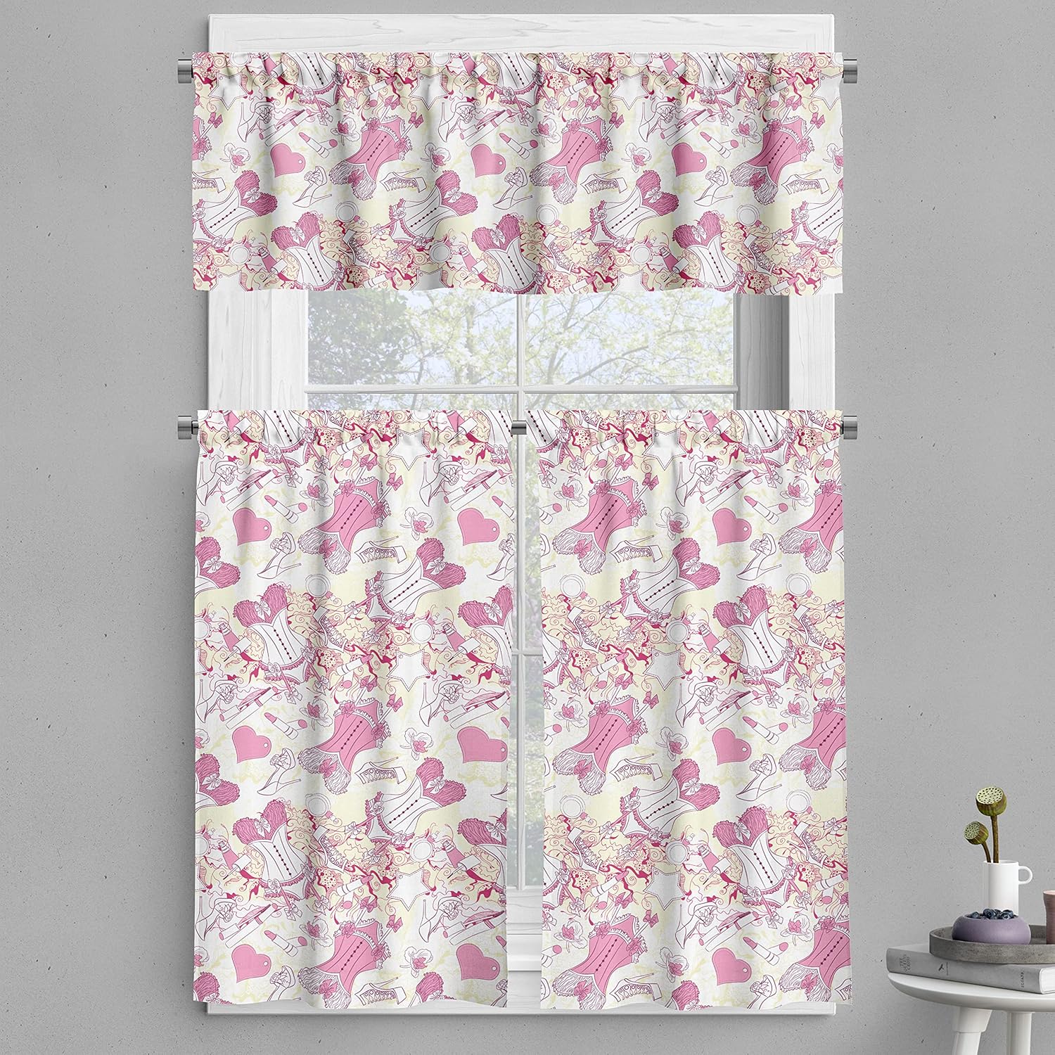Ambesonne 3-Piece Tiers Curtain Set Floral Print Beige Pink