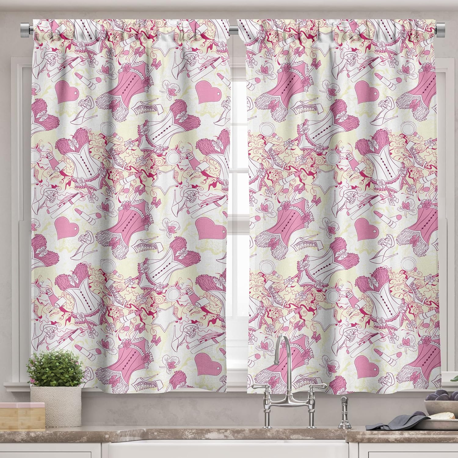 Ambesonne 3-Piece Tiers Curtain Set Floral Print Beige Pink